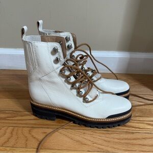 Marc Fisher White Leather Lace-Up Combat Boots with Tan Laces